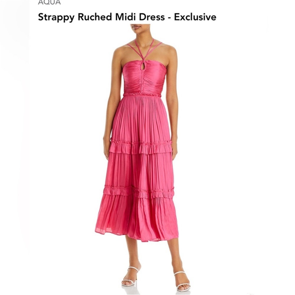 AQUA Pink Strappy Ruched Midi Dress